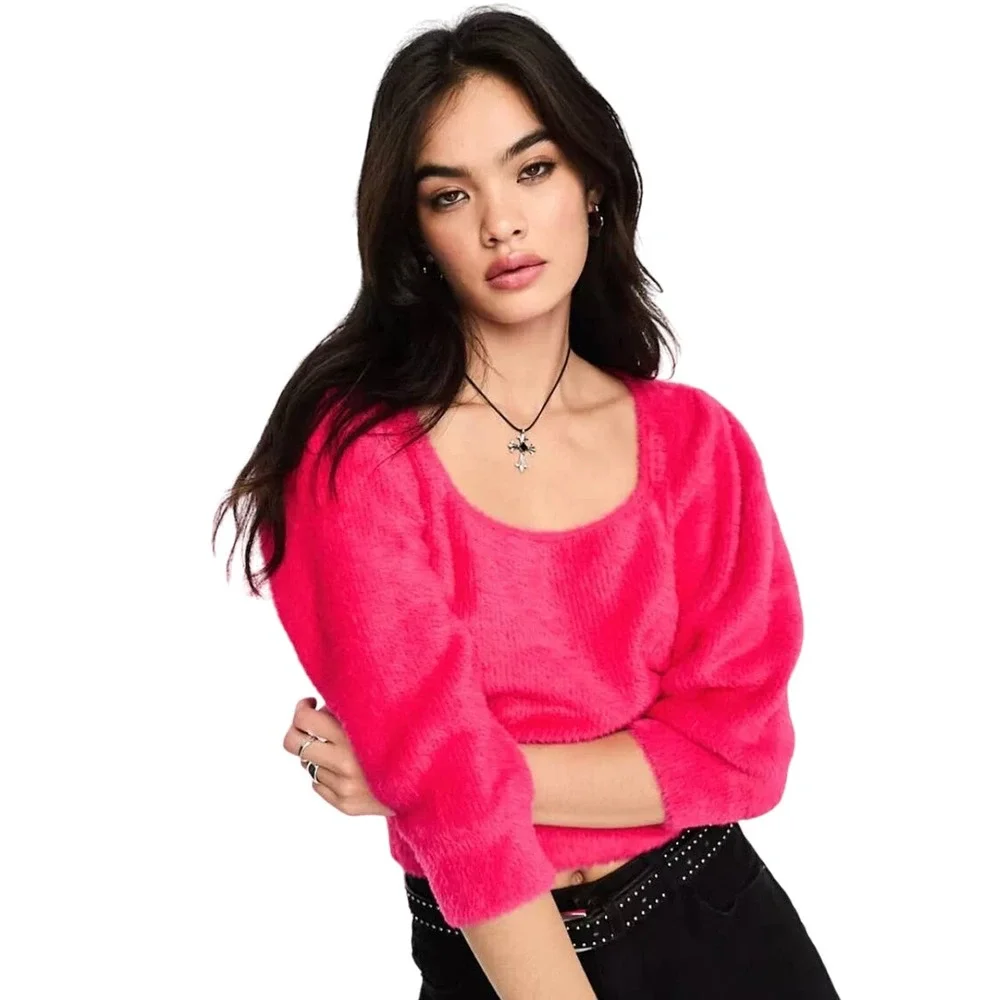 Free People Moonbeam Black Cropped Pullover Sweater‎ NWT